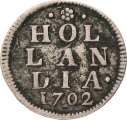 Duit afslag in zilver. Holland. 1702. Zeer Fraai -.