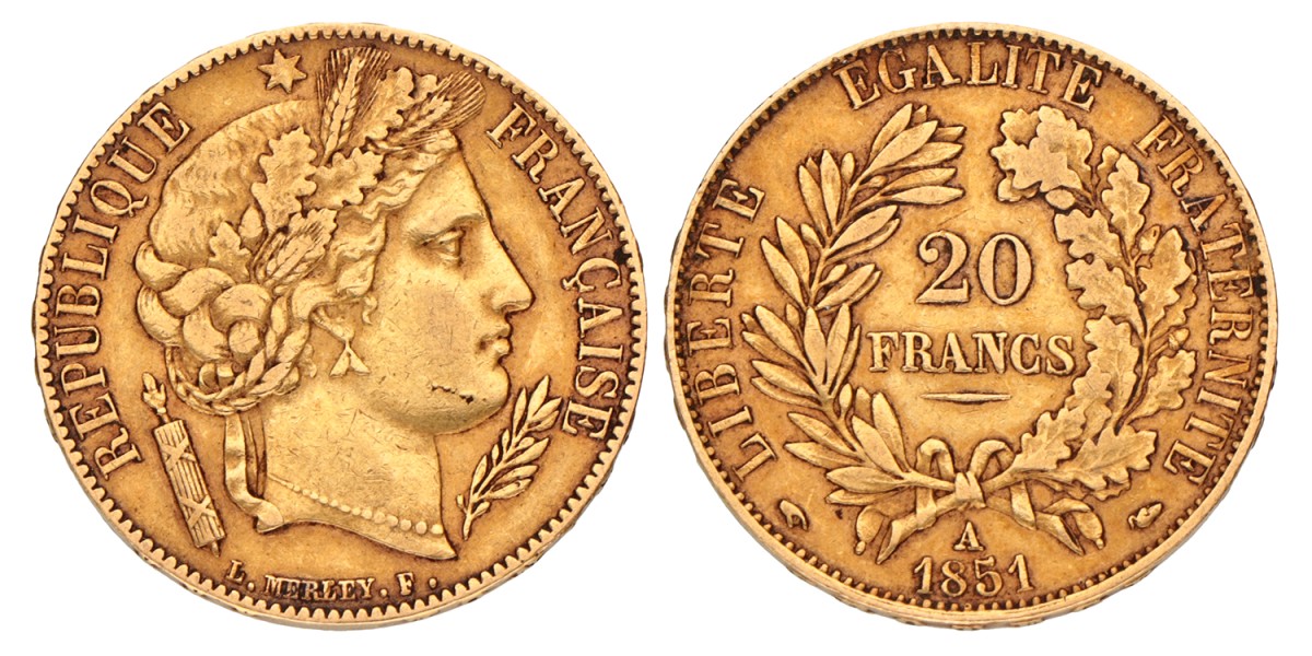 France. Second republic. 20 Francs. 1851 A.