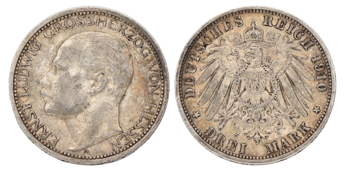 German states. Hessen. Ernst Lüdwich. 3 Mark. 1910 A.