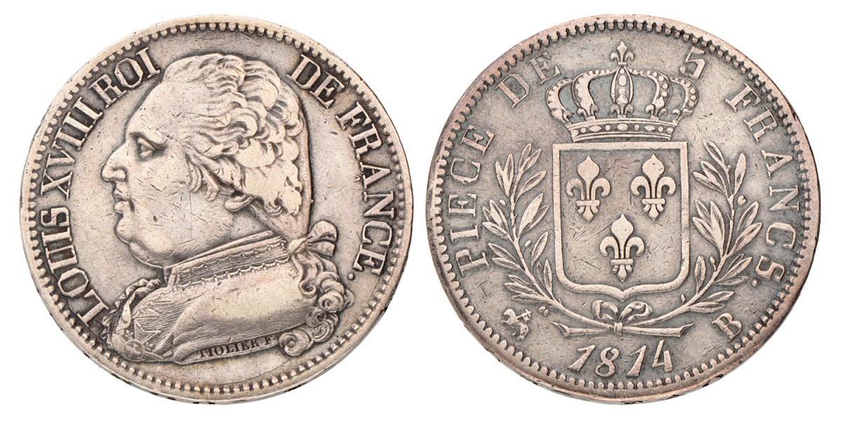 France. Second kingdom. Louis XVIII. 5 Francs. 1814 B.