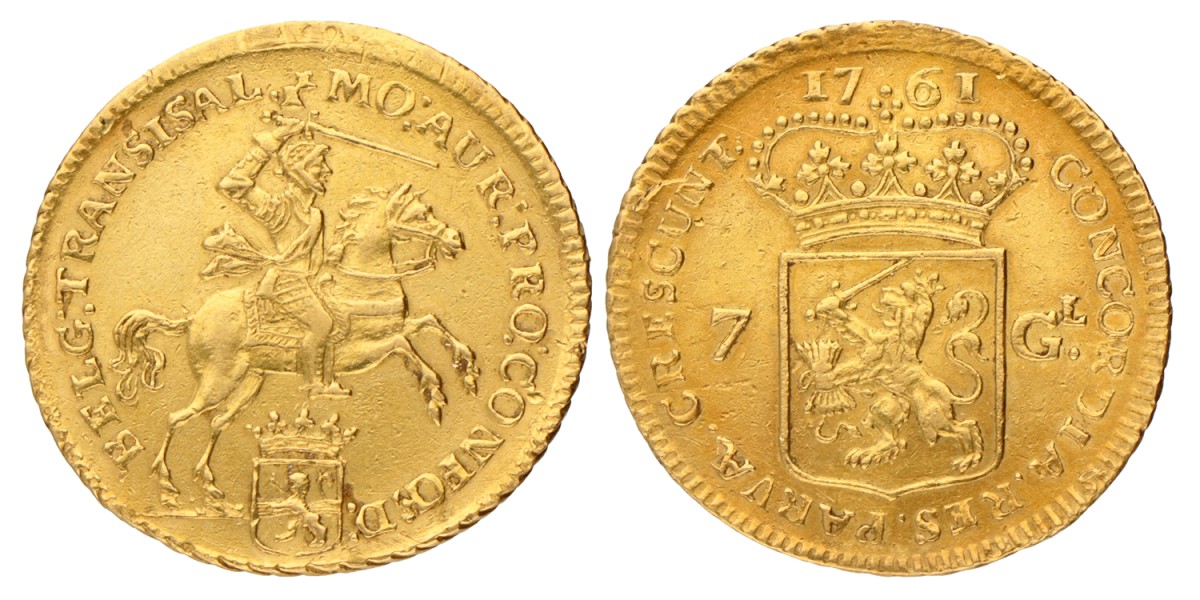 Halve gouden rijder van 7 gulden. Overijssel. 1761. Zeer Fraai / Prachtig.