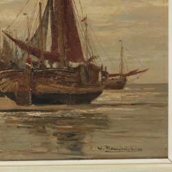 Wilhelm Hambüchen (Düsseldorf 1869 - 1939), Bomschuiten op het strand te Katwijk aan Zee,