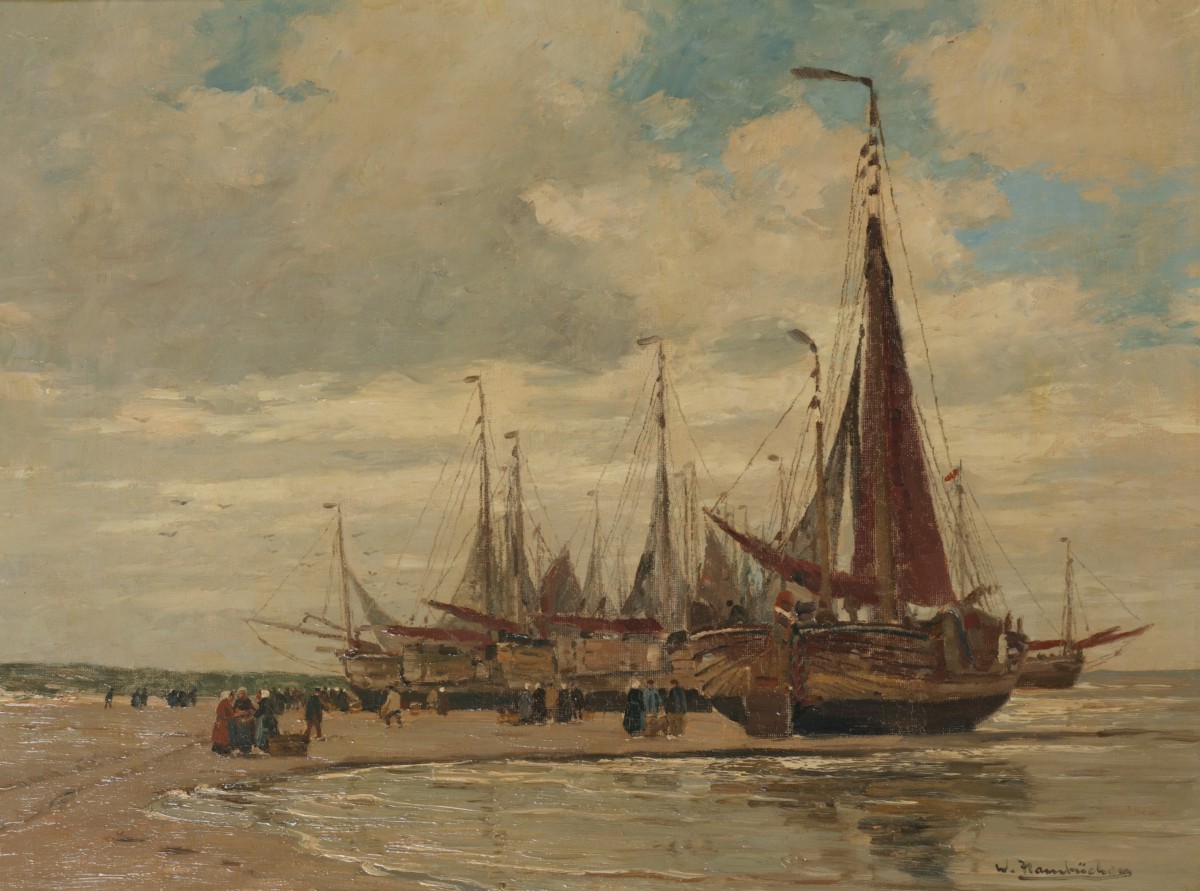 Wilhelm Hambüchen (Düsseldorf 1869 - 1939), Bomschuiten op het strand te Katwijk aan Zee,