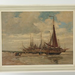 Wilhelm Hambüchen (Düsseldorf 1869 - 1939), Bomschuiten op het strand te Katwijk aan Zee,