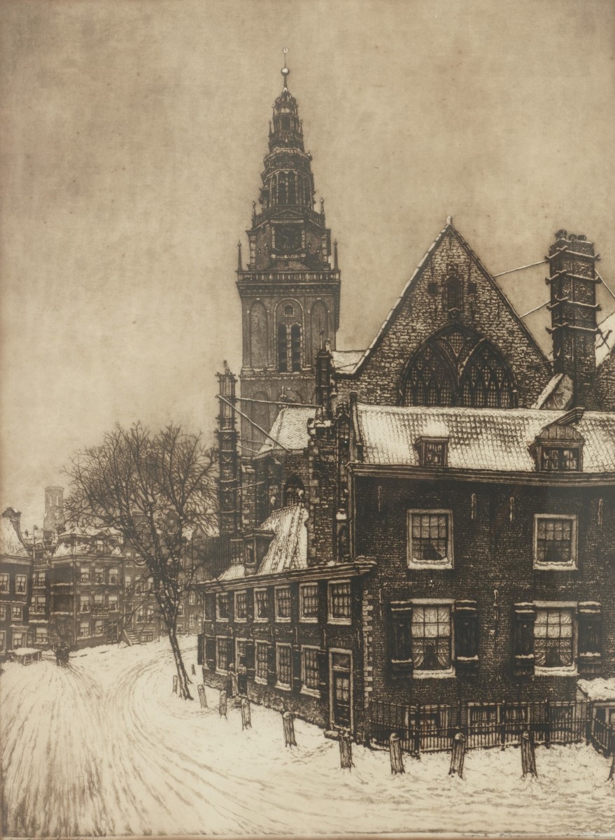 Cornelis Brandenburg (Cornelis Brandenburg (Wormerveer, Zaanstad 1883 - 1954 Amsterdam), Een gezicht in Amsterdam in de winter met de Westerkerk.