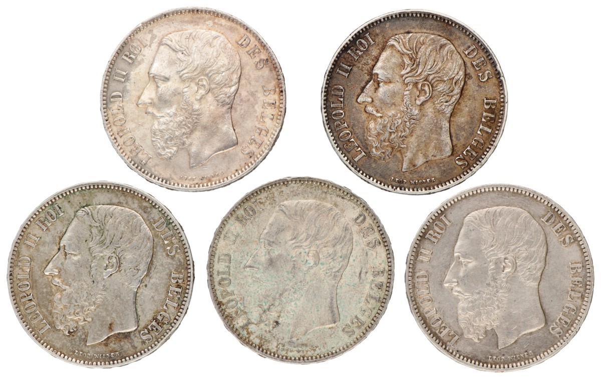 Belgium. Leopold II. Lot (5) 5 Franc. 1870-1876.