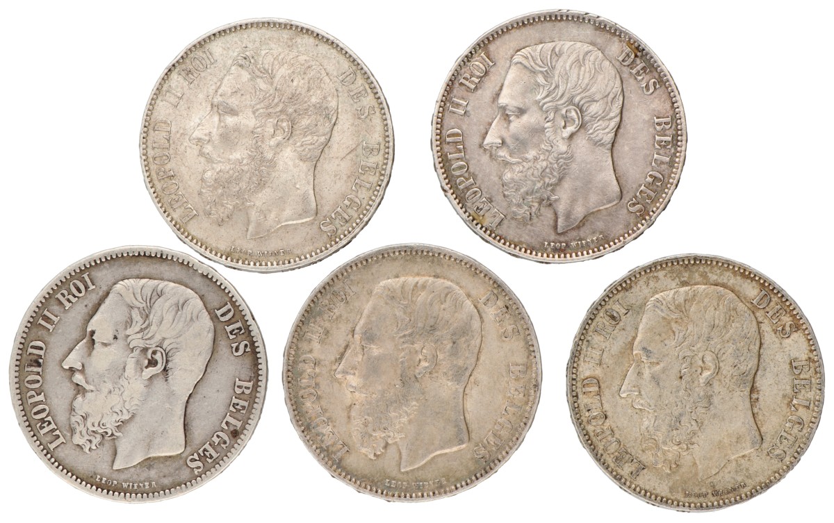 Belgium. Leopold II. Lot (5) 5 Franc. 1868 - 1876.