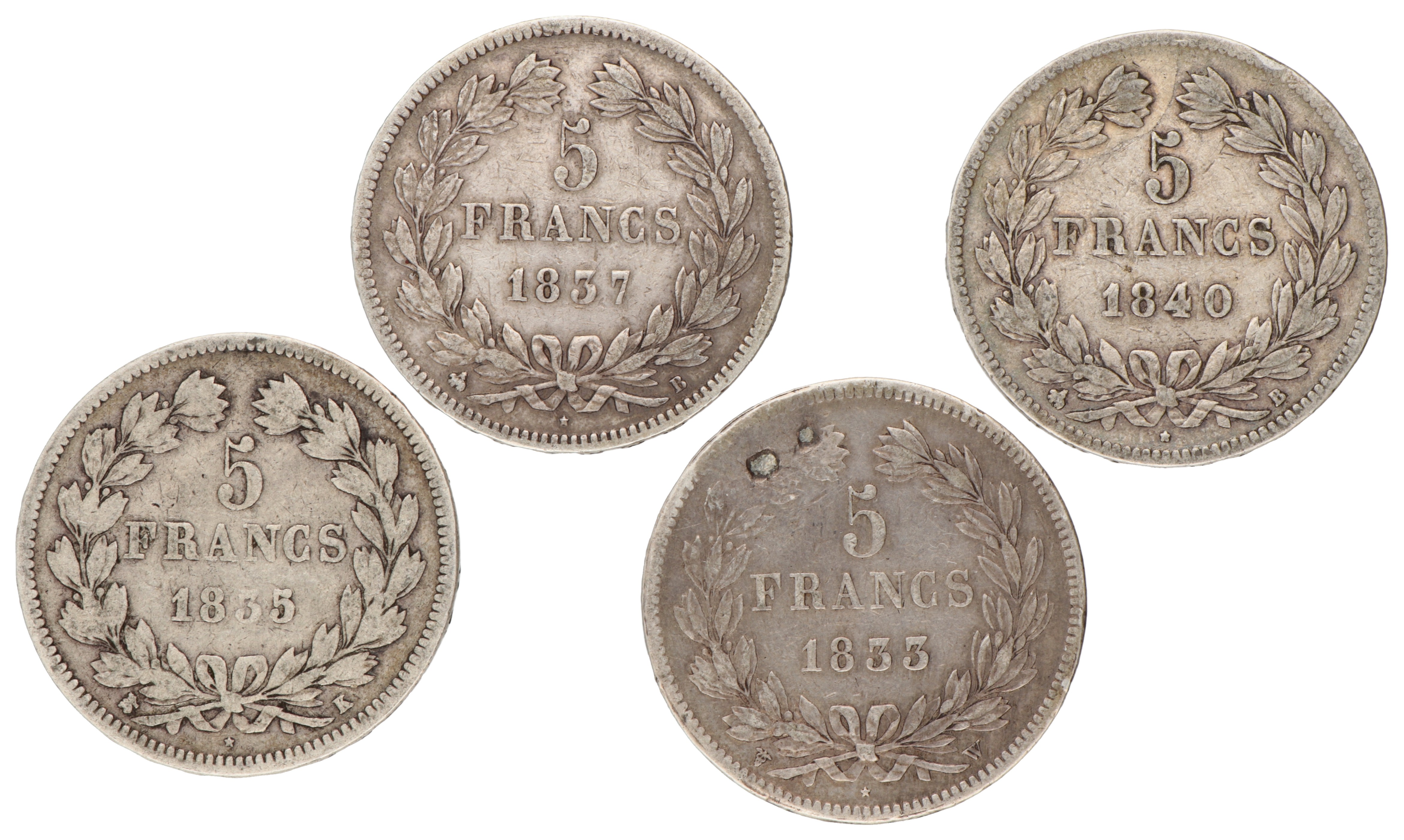 France. Louis Philippe I. Lot (4) 5 Franc. 1833 - 1840.