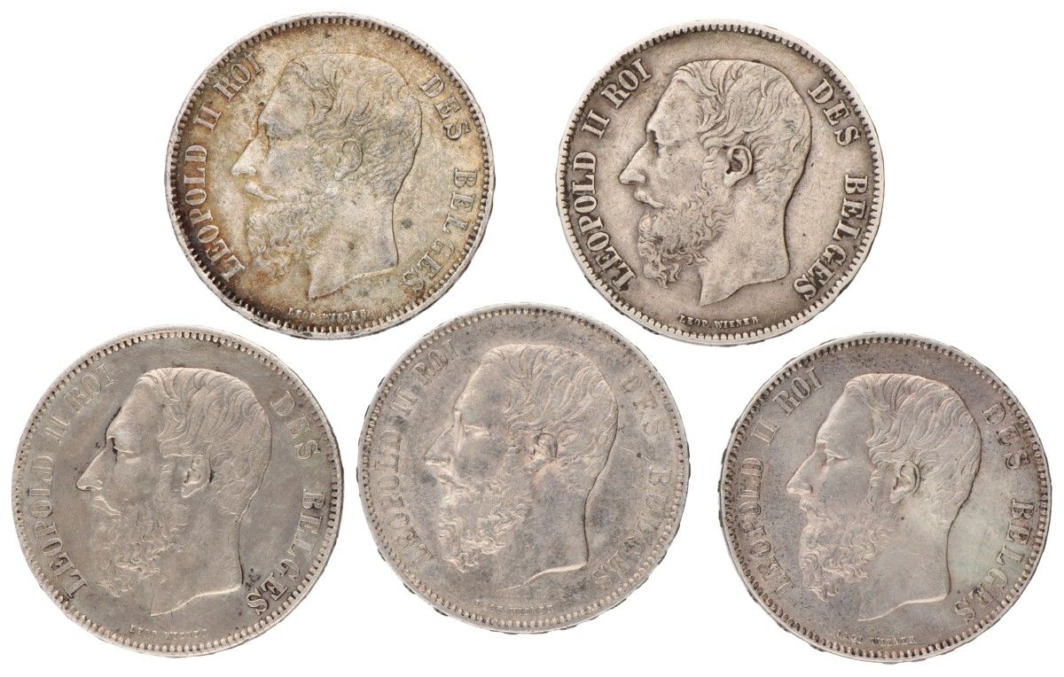 Belgium. Leopold II. Lot (5) 5 Franc. 1868 - 1876.