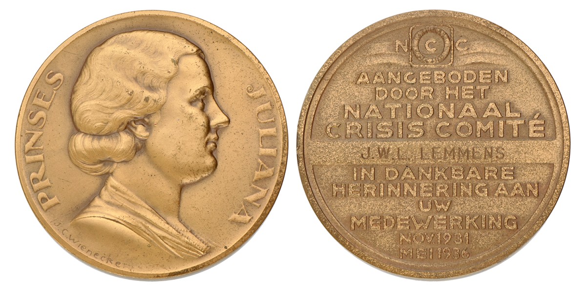 Nederland. 1936. Beloningspenning nationaal crisis comité.