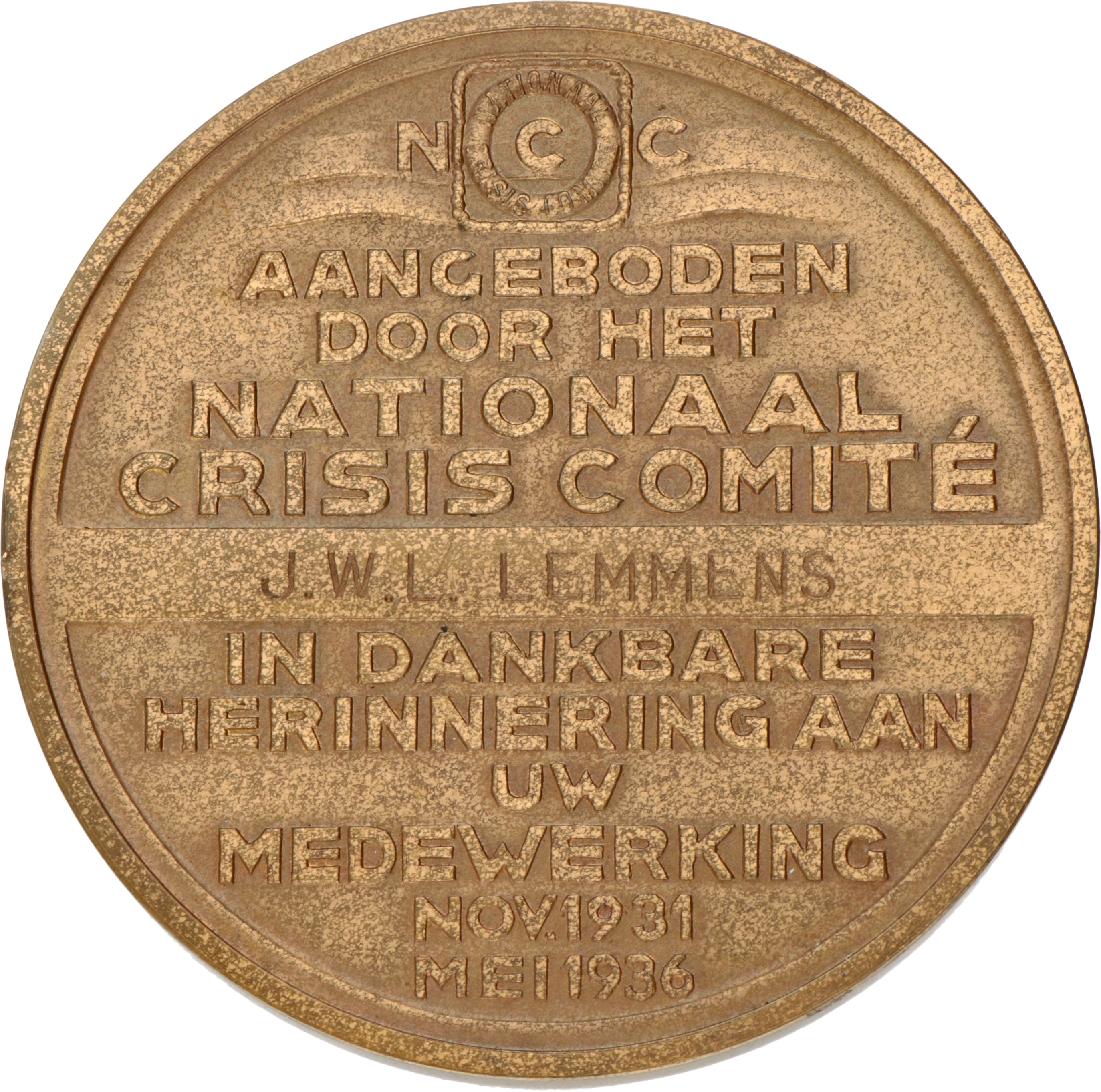 Nederland. 1936. Beloningspenning nationaal crisis comité.