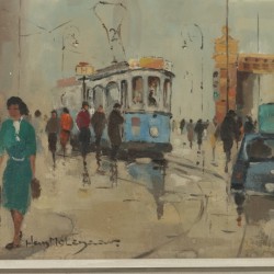 Heinrich August Molenaar (Kochel am See, Du. 1909 - ca. 1969 Amsterdam), Een Hollandse straat scene met tram voor een station.