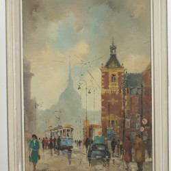 Heinrich August Molenaar (Kochel am See, Du. 1909 - ca. 1969 Amsterdam), Een Hollandse straat scene met tram voor een station.