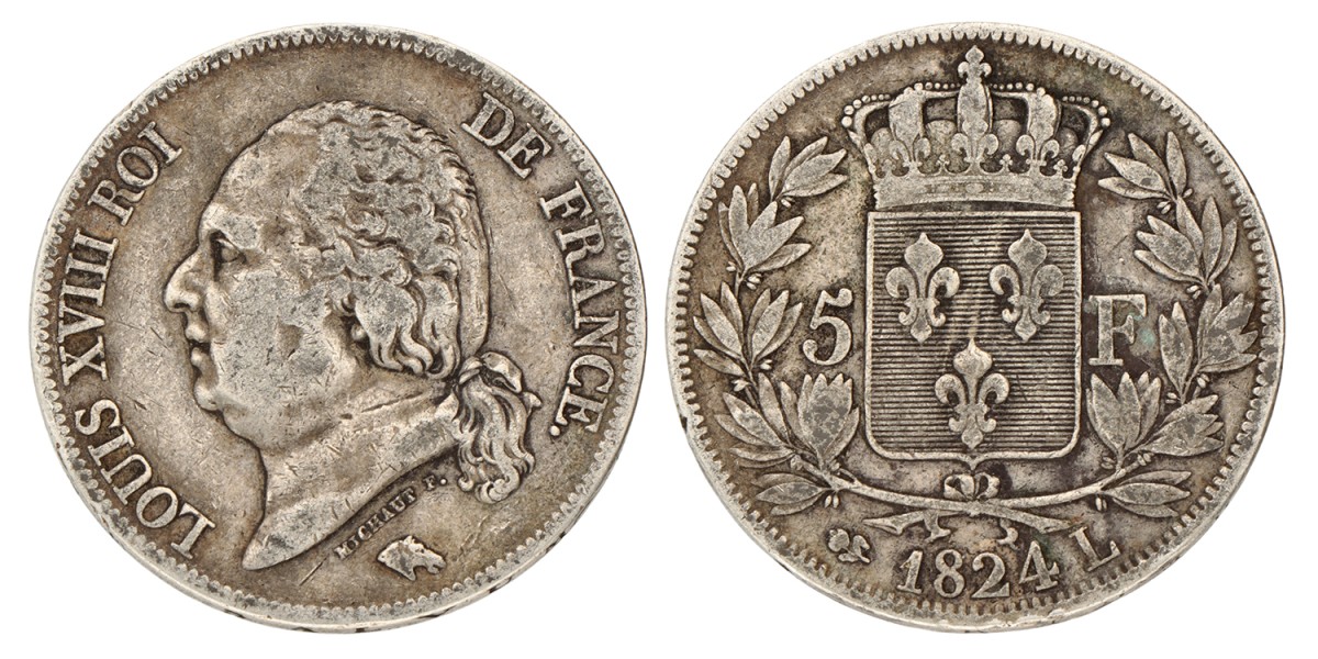 France. Louis XVIII. 5 Francs. 1824 L.