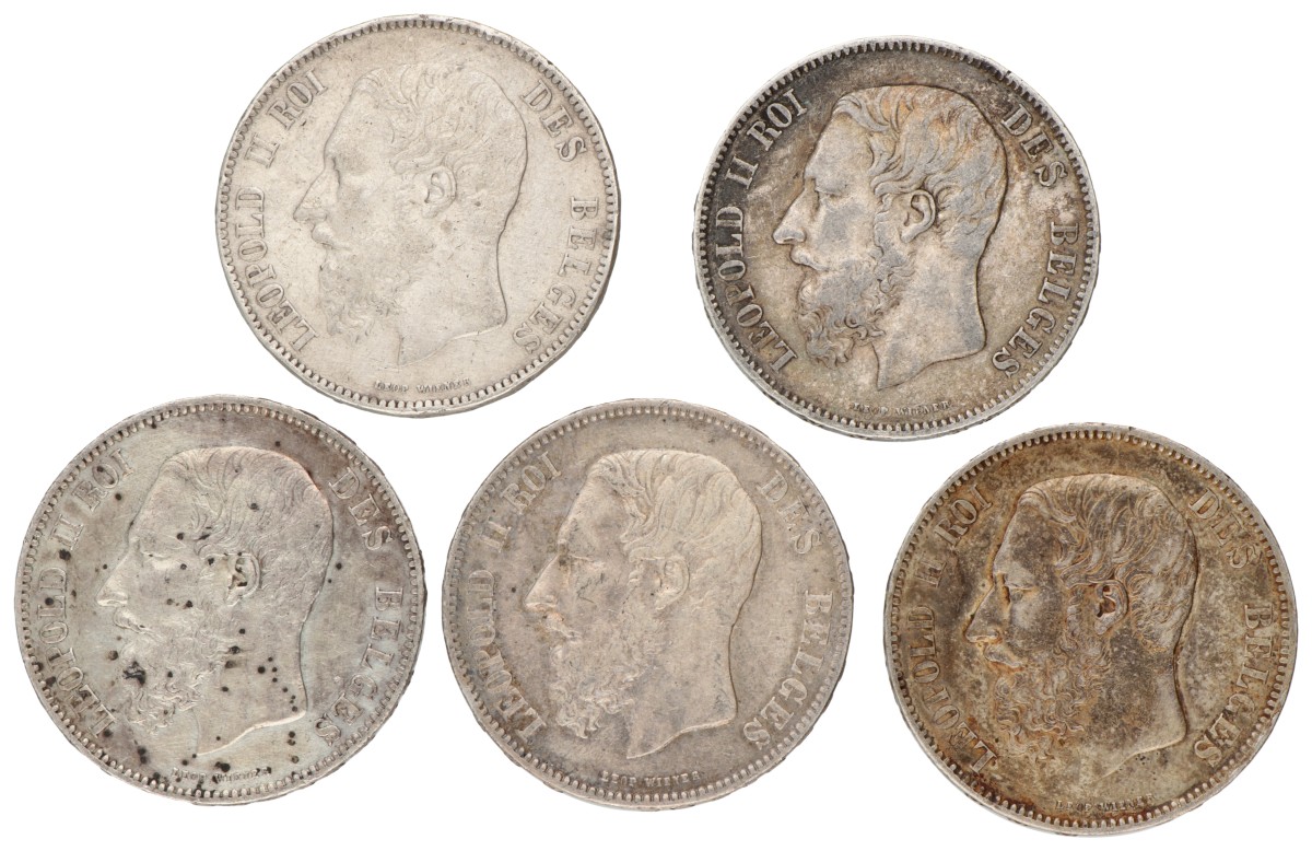 Belgium. Leopold II. Lot (5) 5 Francs. 1868 - 1873.