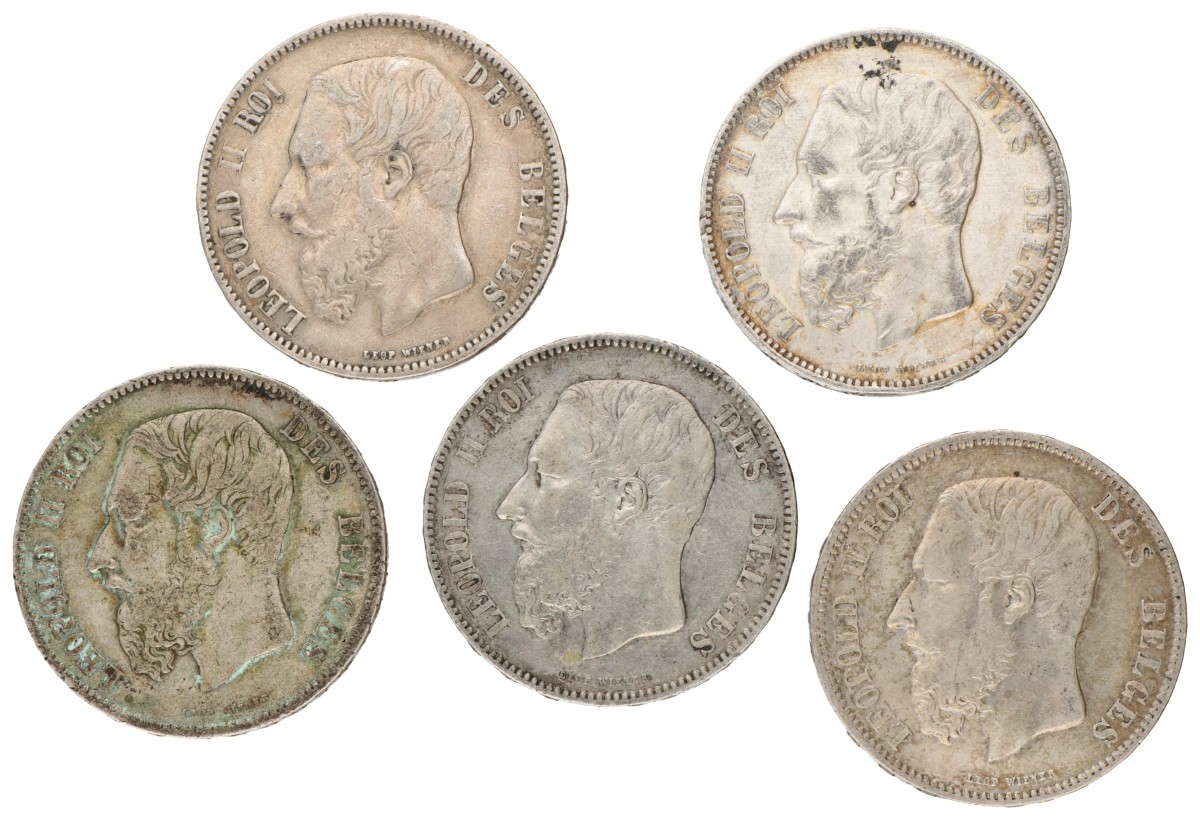 Belgium. Leopold II. Lot (5) 5 Franc. 1868 - 1875.