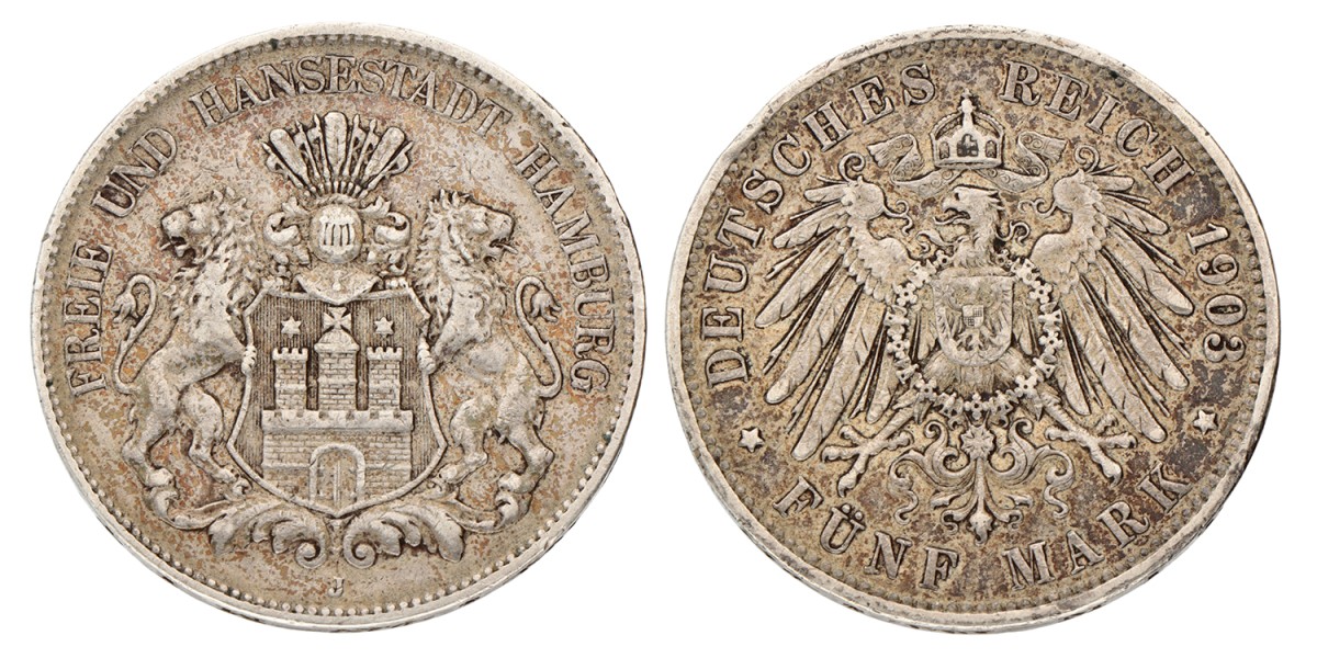 German states. Free Hanseatic city of Hamburg. 5 Mark. 1903 J.