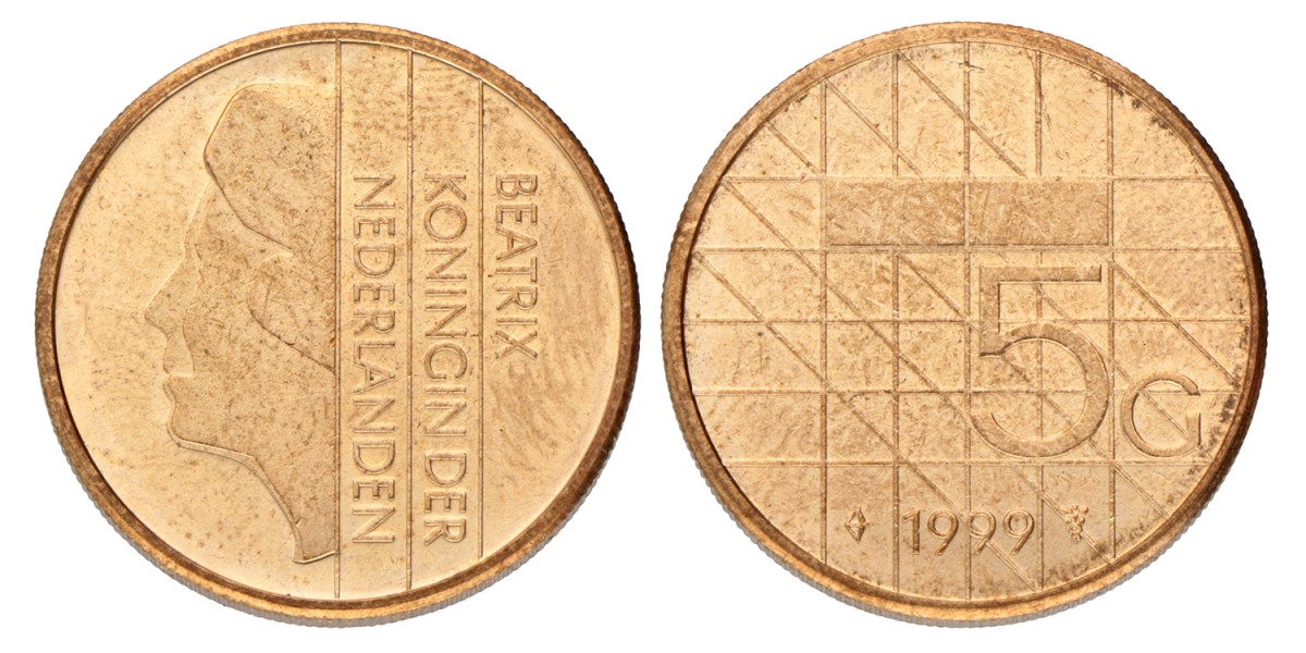 5 Gulden - Misslag, kwartslag gedraaid. Beatrix. 1999. Prachtig / UNC.