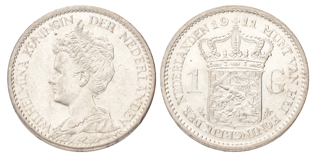 1 gulden. Wilhelmina. 1911. Prachtig.