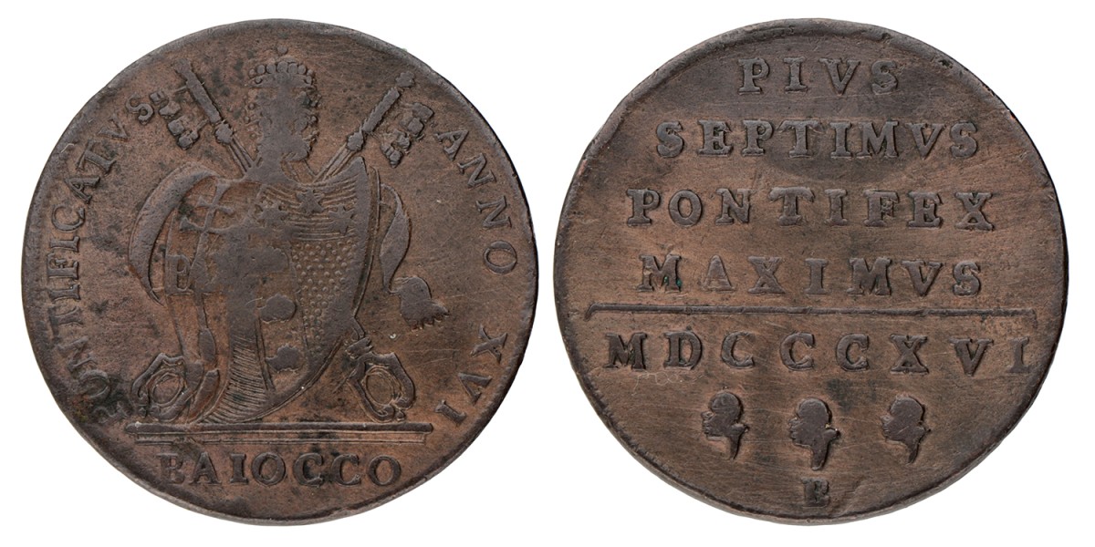 Italian states. Papal states. Pius VIII. Baiocco. 1816 (Yr 16).