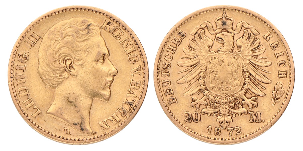 German states. Bavaria. Ludwig II. 20 Mark. 1872 D.