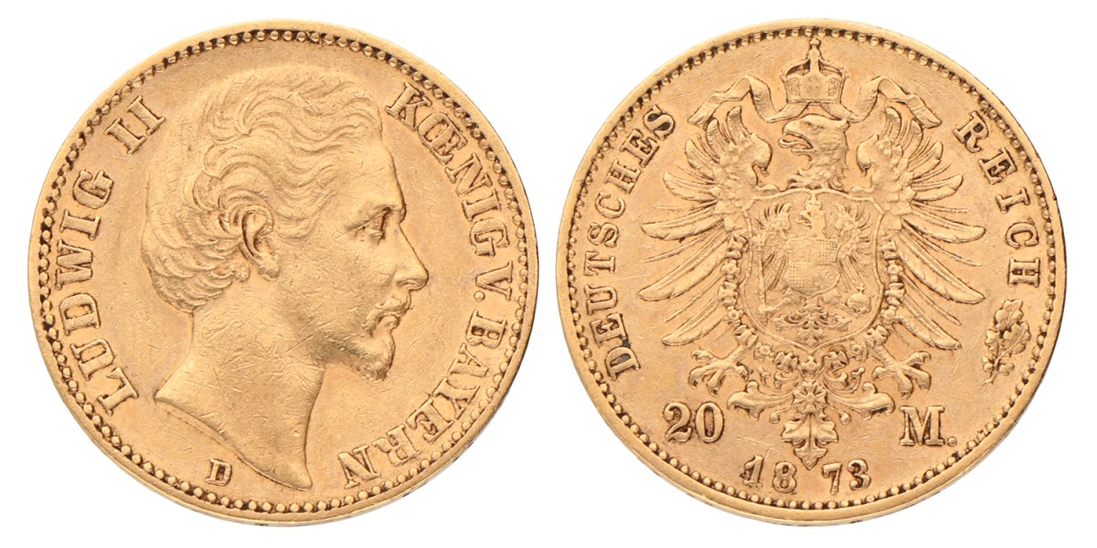 German states. Bavaria. Ludwig II. 20 Mark. 1873 D.