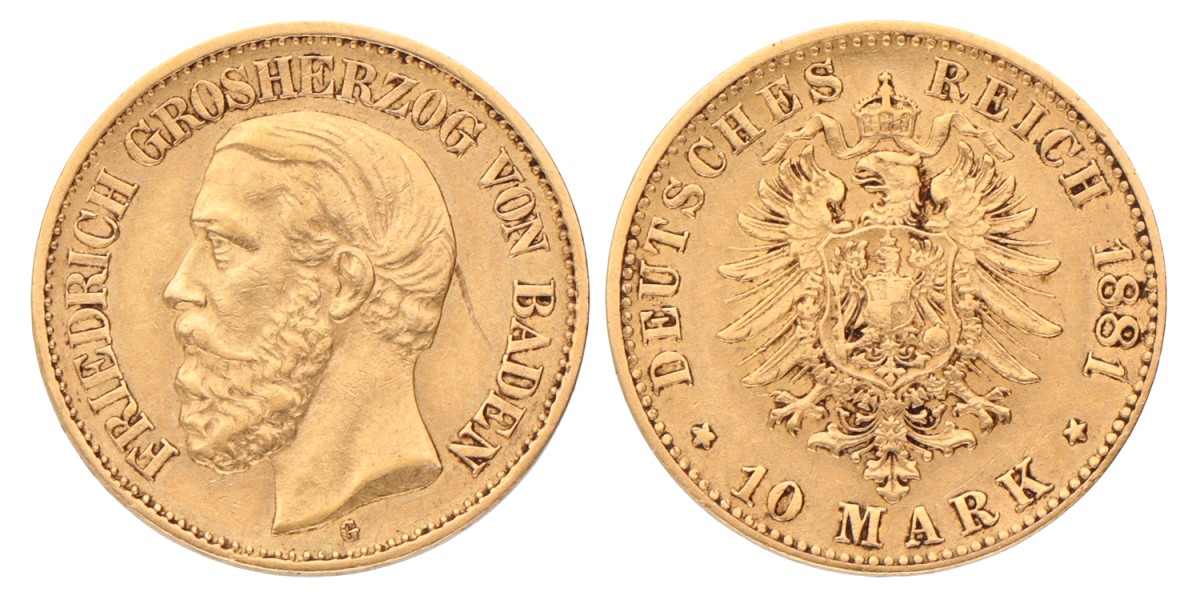 German states. Baden. Friedrich I. 10 Mark. 1881 G.