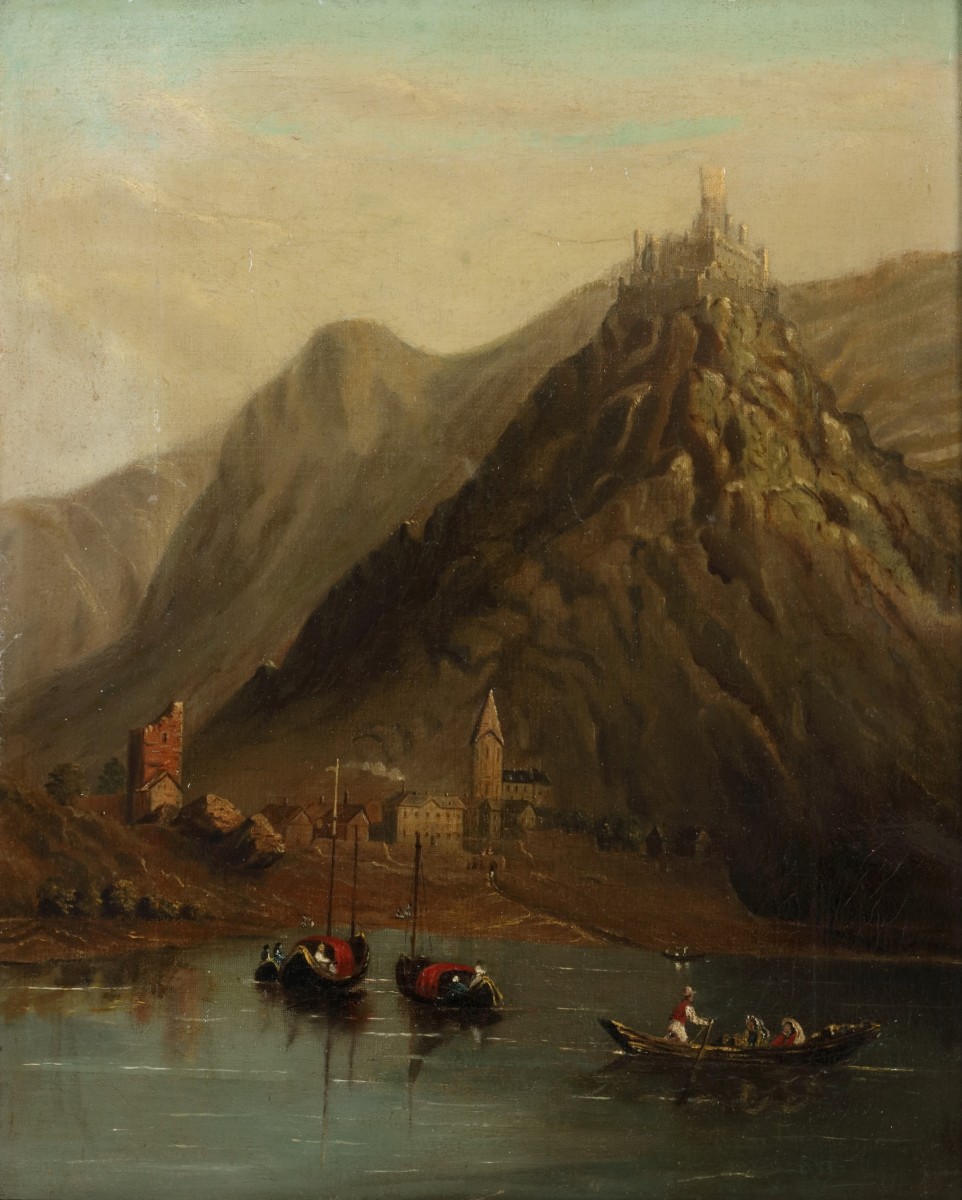 Tiroolse School, 19e eeuw. Roeiers op een bergmeer, een kasteel op de bergtop.