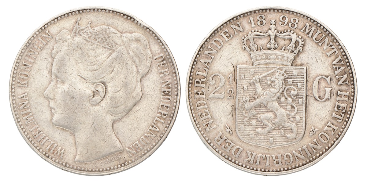 2½ Gulden. Wilhelmina. 1898 zonder punt. Zeer Fraai.