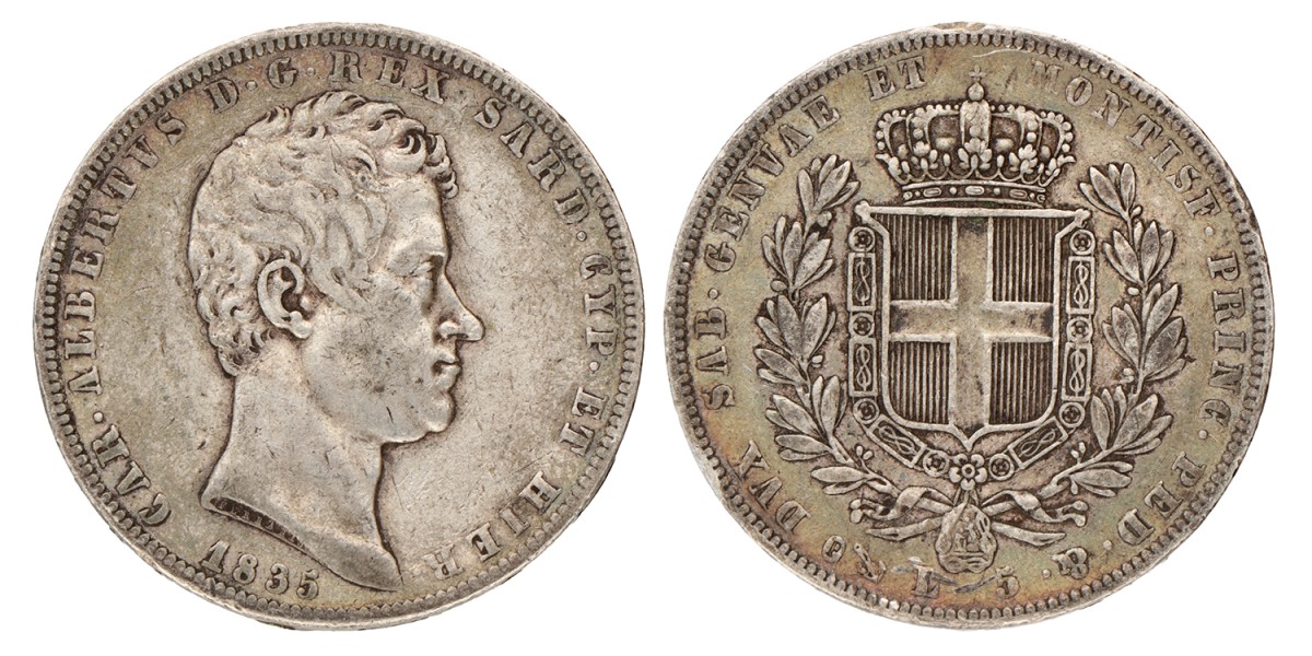 Italian States. Kingdom of Sardinia. Carlo Alberto. 5 Lire. 1835 P.