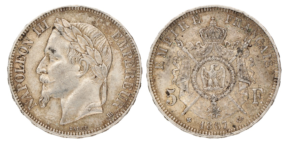 France. Second empire. Napoleon III. 5 Francs. 1867 BB.