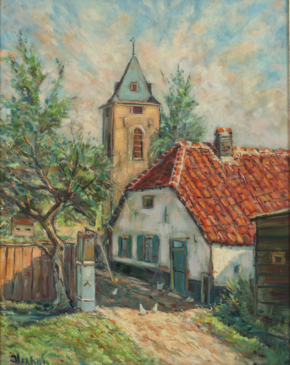 J. Haaken, 20e eeuw. Een dorpsgezicht met kerkje bij een boerderij.