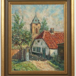 J. Haaken, 20e eeuw. Een dorpsgezicht met kerkje bij een boerderij.
