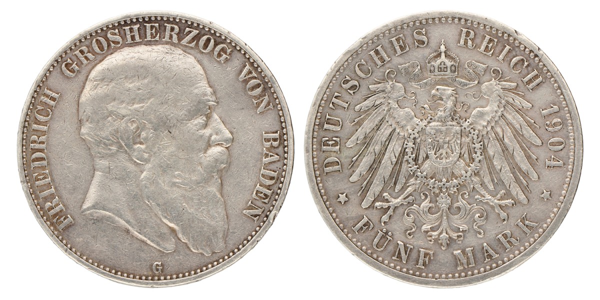 German states. Baden. Friedrich I. 5 Mark. 1904.