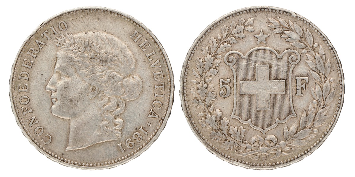 Switzerland. 5 Francs. 1891 B.
