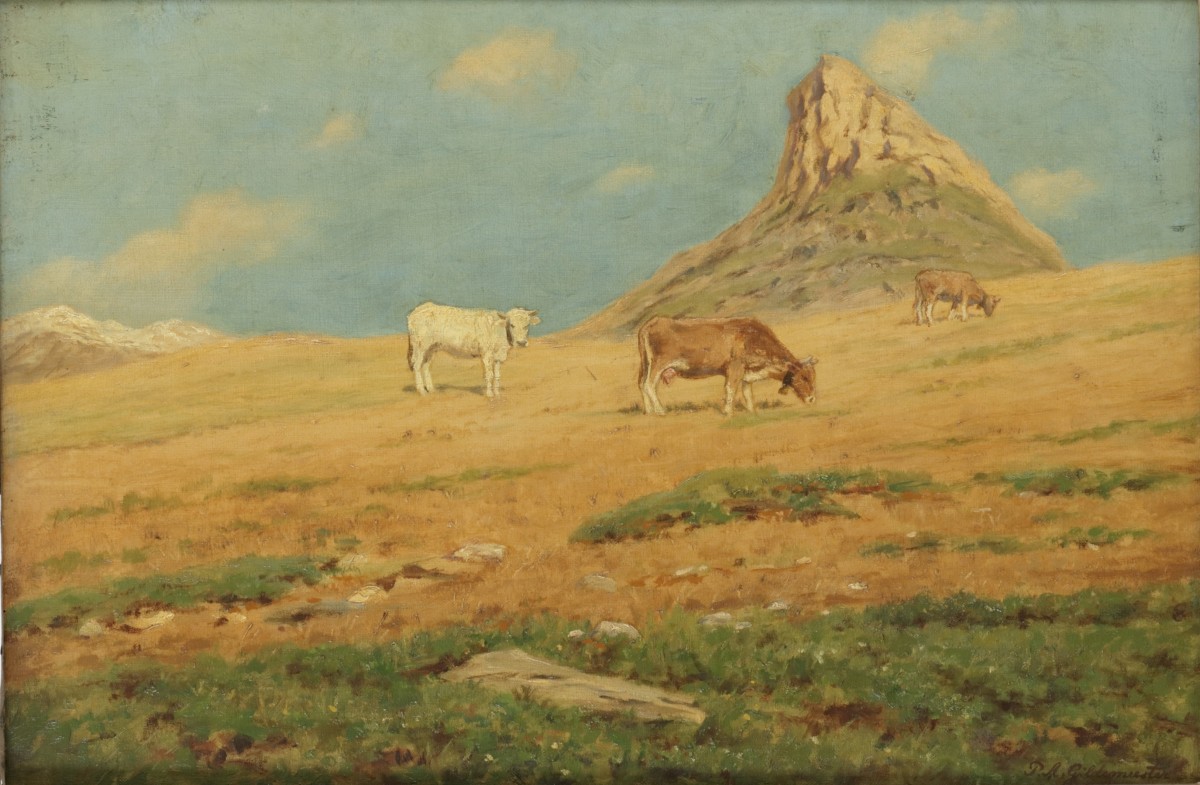 P.A. Gildemeester (Amsterdam 1858 - 1930 Egmond-Binnen), Een berglandschap met vee in een weide.