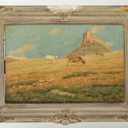 P.A. Gildemeester (Amsterdam 1858 - 1930 Egmond-Binnen), Een berglandschap met vee in een weide.