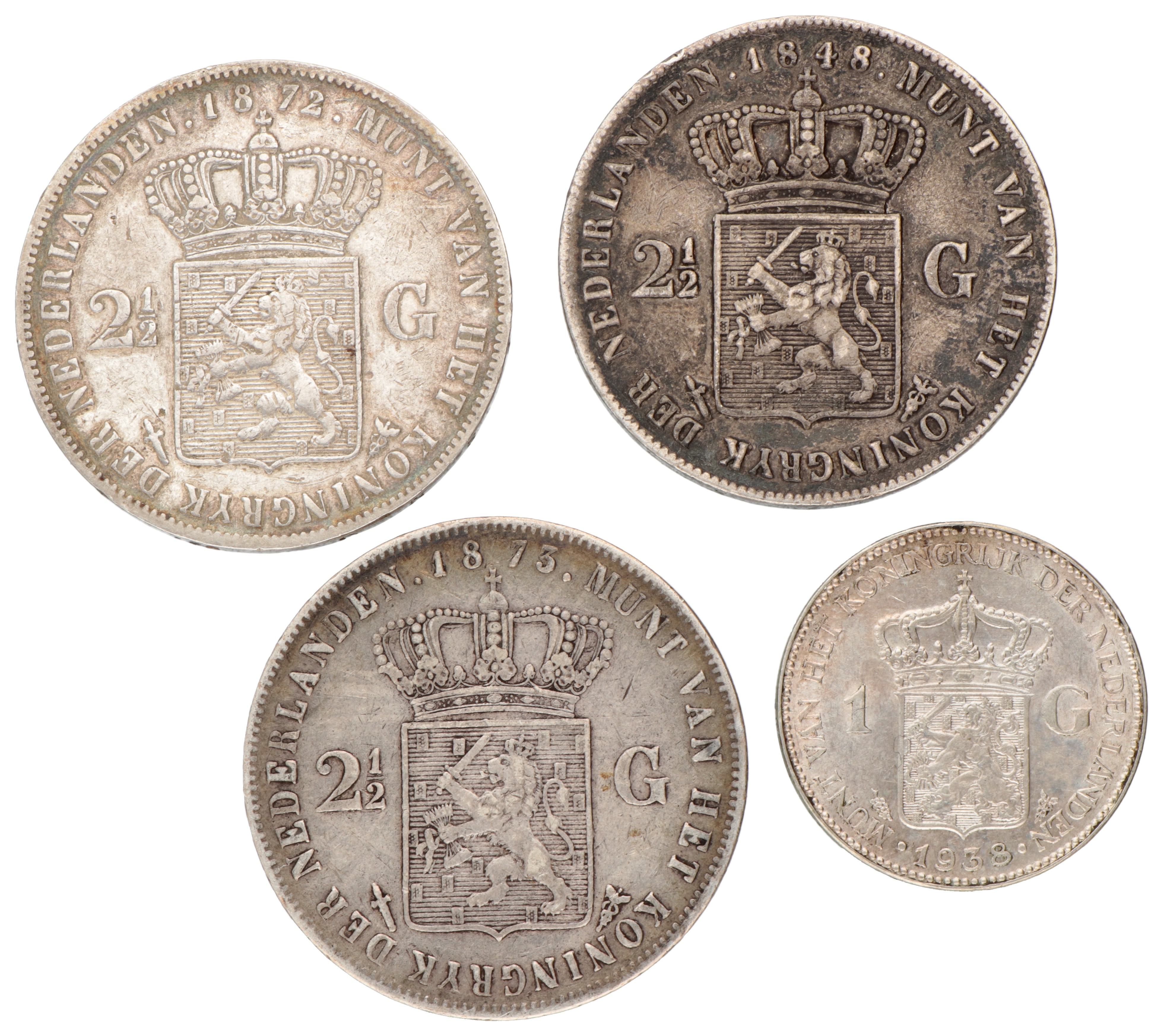 Lot (4) 1 Gulden - 2½ Gulden. Willem II - Wilhelmina. 1848 - 1938. F - VF.