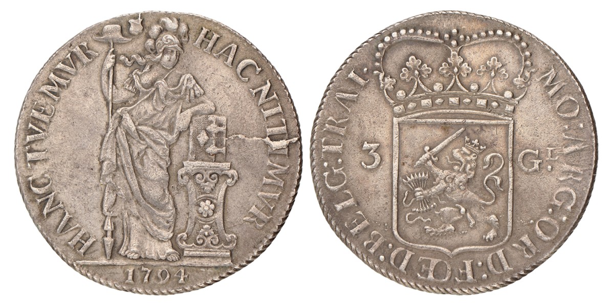 3 gulden - Generaliteits. Utrecht. 1794. Zeer Fraai +.