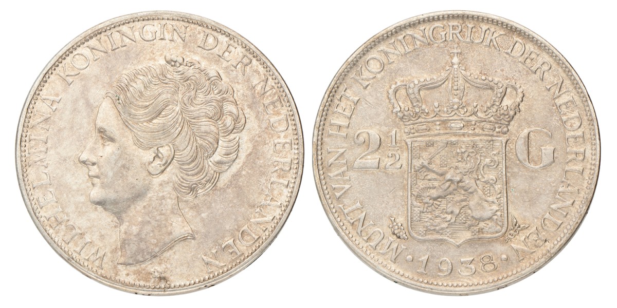 2½ Gulden. Wilhemina. 1938. Grofhaar. Prachtig. CHECKEN