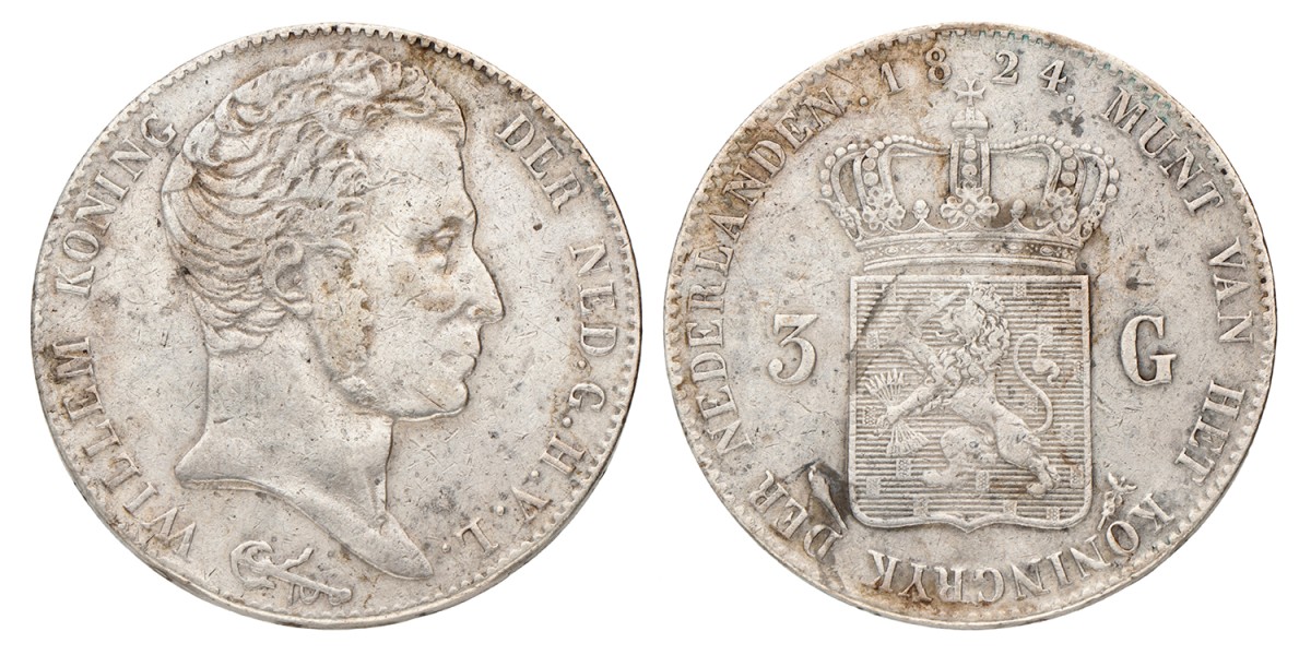 3 Gulden. Willem I. 1824 U. Zeer Fraai.