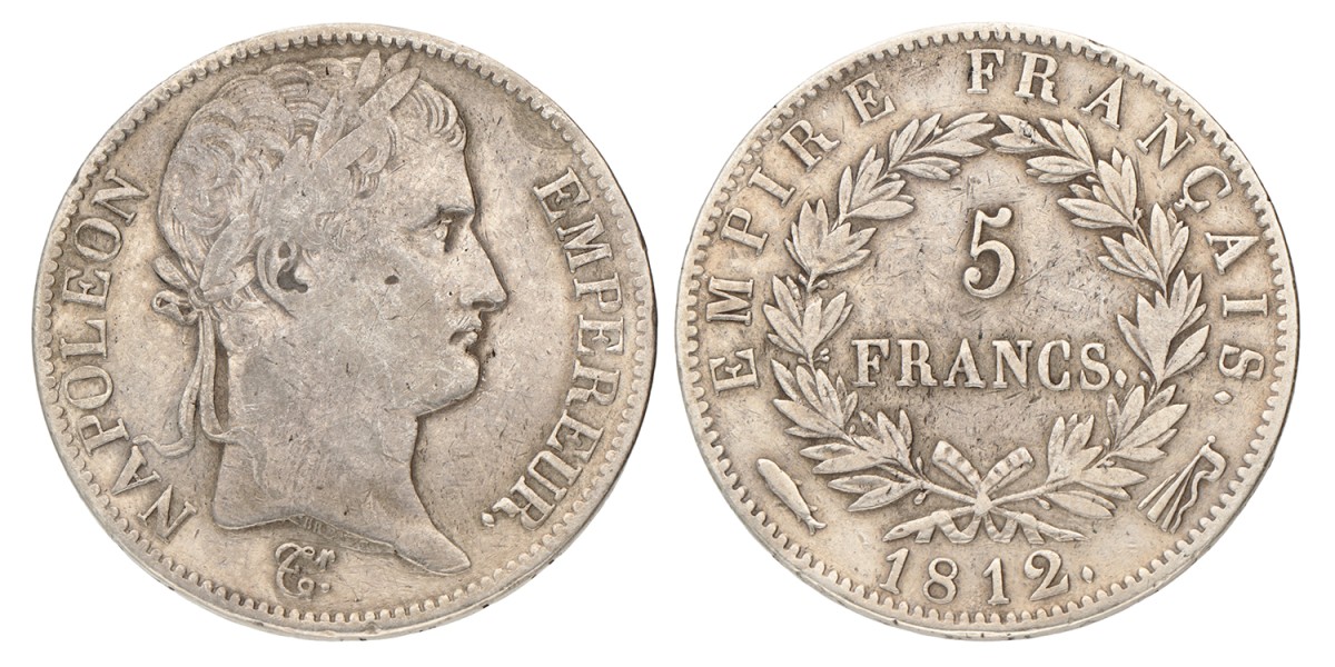 5 Francs. Napoleon. 1812 Vis. Zeer Fraai -.