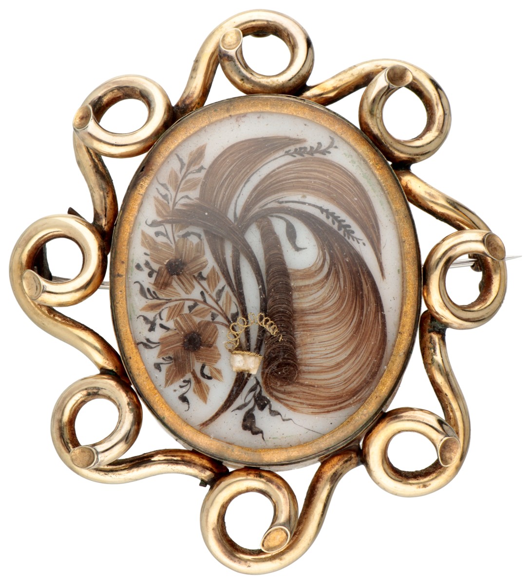 Grote BWG herinneringsbroche met haarwerkje.