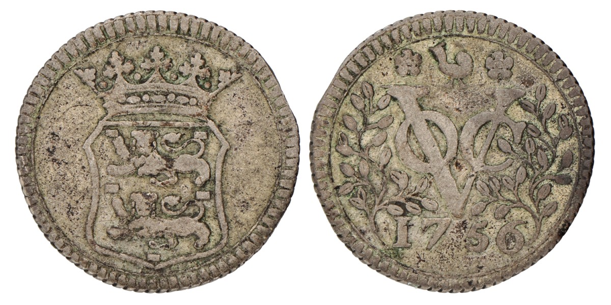 Duit afslag in zilver. V.O.C. (West-Friesland). 1756. Fraai / Zeer Fraai.