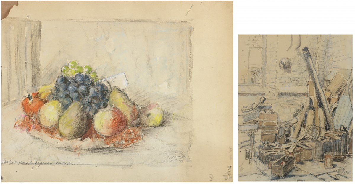 Jacoba Surie (Amsterdam 1879 - 1970), rommelhoekje in een kerk; stilleven met fruit (2x)