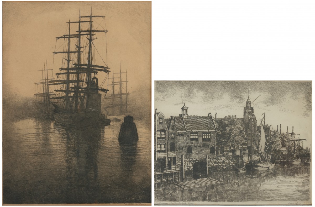 Antoon Derkzen van Angeren (Delft 1878 - 1961 Bedford, Ca.), Zeilklippers in de haven van Rotterdam; daarbij een ets van een onbekende hand voorstellende Rotterdam.