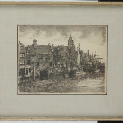 Antoon Derkzen van Angeren (Delft 1878 - 1961 Bedford, Ca.), Zeilklippers in de haven van Rotterdam; daarbij een ets van een onbekende hand voorstellende Rotterdam.