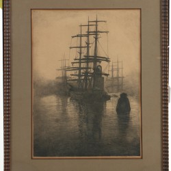 Antoon Derkzen van Angeren (Delft 1878 - 1961 Bedford, Ca.), Zeilklippers in de haven van Rotterdam; daarbij een ets van een onbekende hand voorstellende Rotterdam.