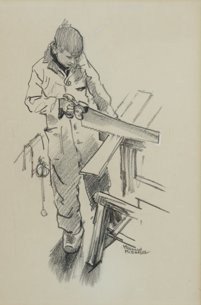 Herman Moerkerk (Den Bosch 1879 - 1949 Haarlem), Straatje te Giesendam; Een timmermansleerling. (2x)