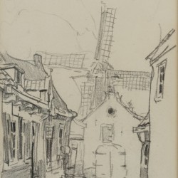 Herman Moerkerk (Den Bosch 1879 - 1949 Haarlem), Straatje te Giesendam; Een timmermansleerling. (2x)